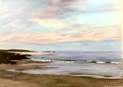 Sandy Beach scene with cotton candy skies oil painting