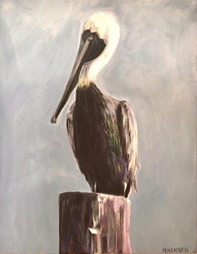 Pelican perched on Florida pier oil painting