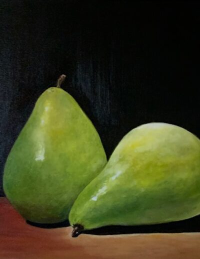 Two green Bartlett Pears with black background oil painting