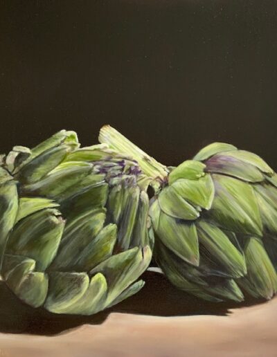 Colorful Greens and Purple hued artichokes on black background oil painting