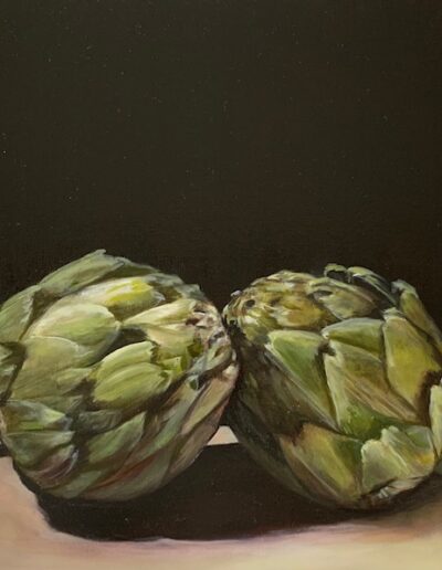 Two artichokes with black background oil painting