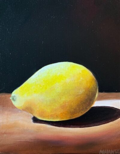 Bright lemony yellow lemon with black background oil painting